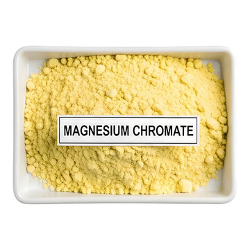 Magnesium chromate powder in a white container with a label on a white background