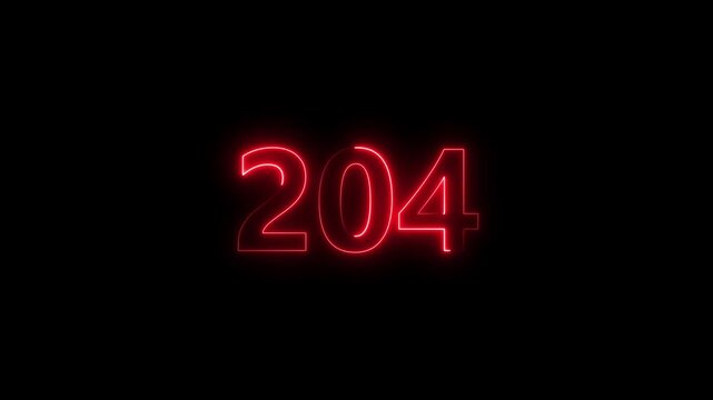 Neon number 204 glowing bright on black background 4k video..
