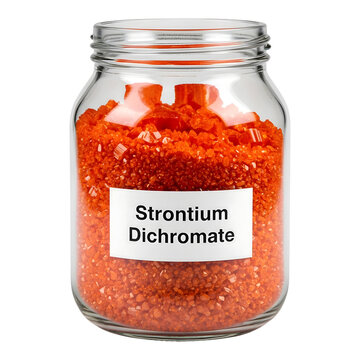 Glass jar filled with strontium dichromate powder and labeled accordingly on transparent background