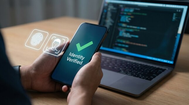 Person holding a smartphone displaying "Identity Verified" with fingerprint and face icons next to a laptop showing code.