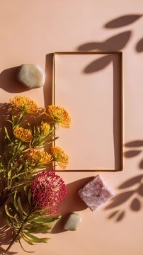 Minimalist floral composition with orange and pink protea flowers, natural stones, and a golden rectangular frame on a pastel peach background. Elegant shadows create a modern aesthetic