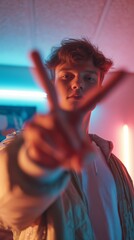 Fototapeta premium Young man poses with peace sign in colorful light setting in an indoor space