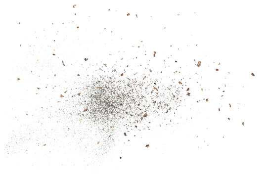 Pieces, dust of tree bark and ashes flying, isolated on white background and texture, clipping path	