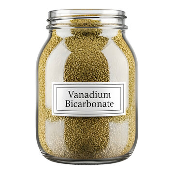 Glass jar filled with vanadium bicarbonate powder and labeled accordingly isolated on white background