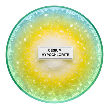 Cesium hypochlorite crystals in a glass container isolated on transparent background