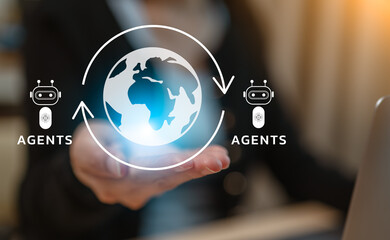 Naklejka premium AI agents connecting global business network through artificial intelligence, automation and digital transformation technology for smart communication and enterprise innovation.