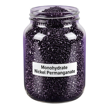 Glass jar containing nickel permanganate crystals with a label on isolated transparent background