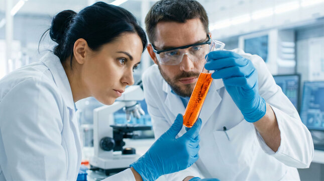 Two focused scientists, a woman and a man in protective gear, collaborate to analyze an orange chemical in a test tube within a modern laboratory setting