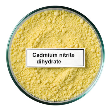 Yellow cadmium nitrite dihydrate powder in a glass container isolated on transparent background