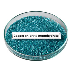 Copper chlorate monohydrate crystals in a glass petri dish isolated on transparent background