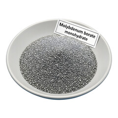 Molybdenum borate monohydrate powder in a white bowl with a label on it