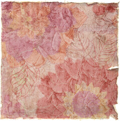 Naklejka premium Antique floral paper texture with faded pink and beige flowers on torn edges. Rustic vintage background ideal for scrapbooking, invitations and creative design.