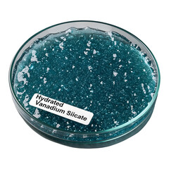 Hydrated vanadium silicate in a glass petri dish with a label on white background
