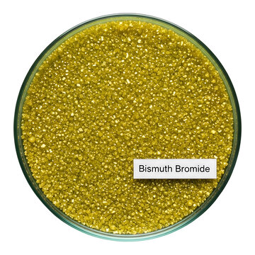 Bismuth bromide chemical compound in glass container with label isolated on transparent background