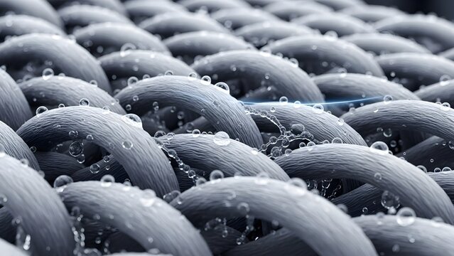 Macro shot of futuristic 3D printed mesh fabric in grey metallic tones, wearable technology texture.