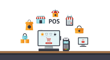 Fototapeta premium Point of Sale (POS) & E-commerce Concept: Seamless Retail Shopping, Online Checkout, and Payment Processing Solutions for Modern Businesses