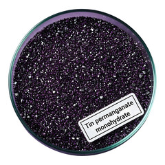 Tin permanganate monohydrate crystals in a glass petri dish isolated on transparent background