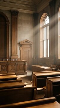 Sunlight streams through arched windows into empty courtroom with wooden benches and judge\'s bench