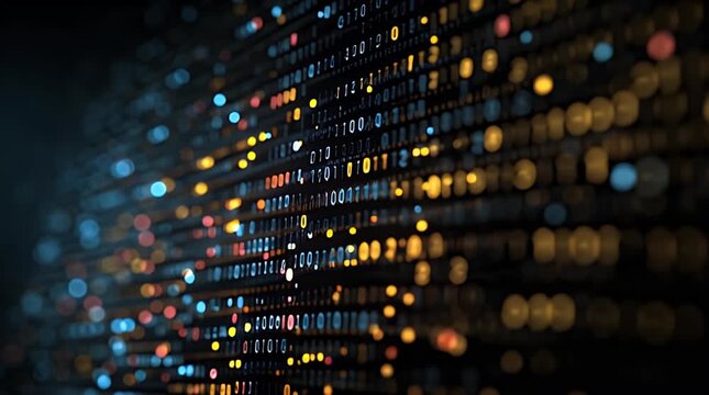 A digital abstract scene featuring a blurred display of binary code with a dark background. Glowing bokeh adds depth and visual appeal