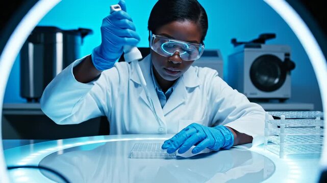 Woman scientist pipettes sample into plate in futuristic laboratory. Researcher works with pipette in modern lab. Scientist conducts experiment with sample. Woman pipettes in futuristic lab setup.