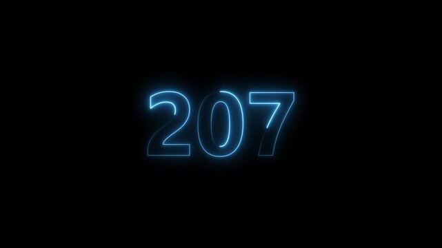 Neon number 207 glowing bright on black background 4k video..