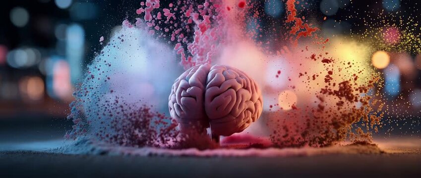Colorful brain explosion concept, Brain suspended midair with multicolored powder bursting outward.