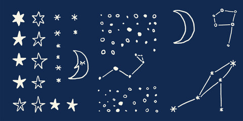 Cute doodle element set. Hand drawn stars, moon and constellation for your starry night design. © Tupungato