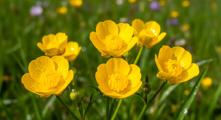 Fototapeta premium Bright yellow flowers blooming in lush green meadow with morning dew