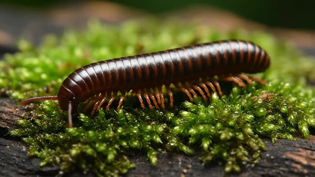 A millipede crawls over lush green moss