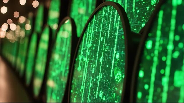 Futuristic digital display with green data patterns and glowing lights.