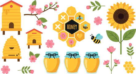 Honey and Beekeeping Collection with Beehives, Honey Jars, Sunflower and Bees Flat Vector Illustration Set © Yevhenii creative