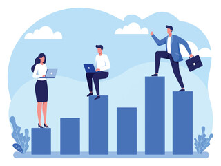 Business people working on laptops standing on blue bar graph with mountains and clouds in background