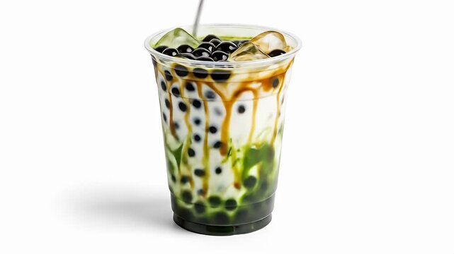 Refreshing cup of boba tea with matcha, caramel drizzle, ice, and dark tapioca pearls