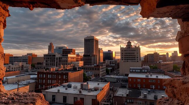 A cityscape is framed by a fractured stone aperture, revealing a vibrant sunset's light. Buildings and clouds are lit with warm hues