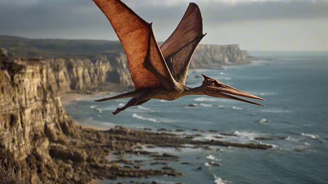 Rhamphorhynchus Flying Along an Ancient Prehistoric Coast