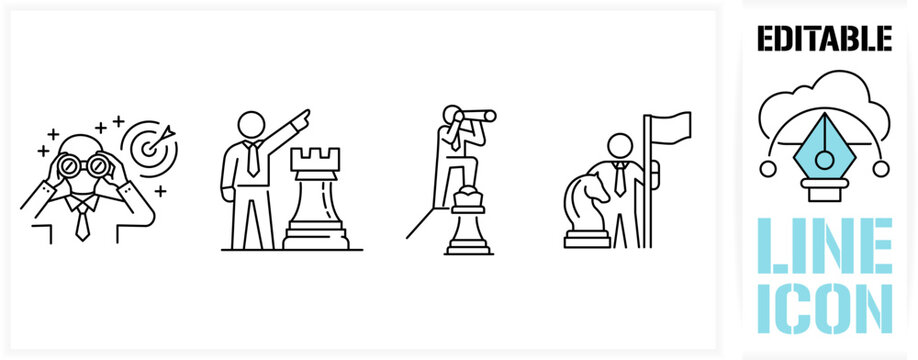 Editable line icon set - clean vector outline stroke for business strategy and leadership. Businessman looking through binoculars, planning chess pieces holding flag. Success, vision and achievement