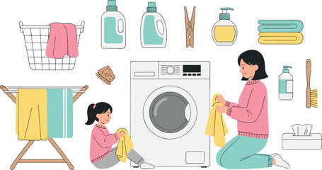 Mother and Daughter Doing Laundry at Home with Washing Machine and Cleaning Supplies Flat Vector Illustration