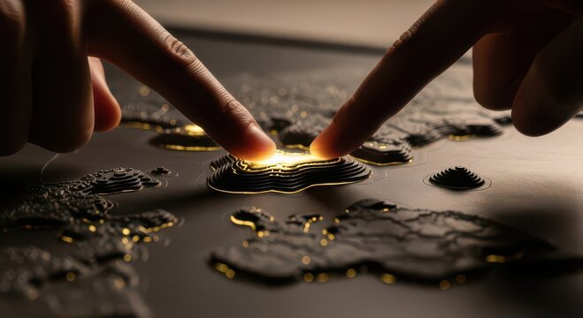 Two human fingers touching illuminated golden layered world map with topographic relief on dark surface, glowing center highlights location point against blurred background. Concept of global connecti
