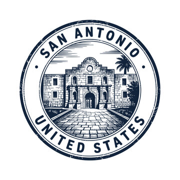 Vintage style seal featuring the Alamo mission in San Antonio Texas