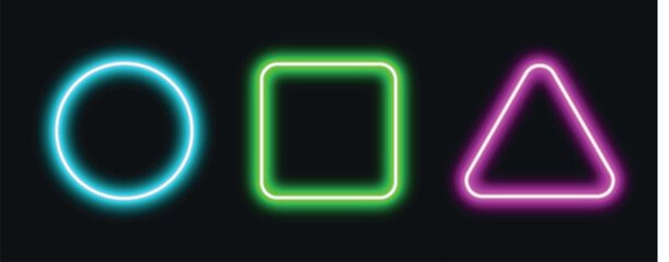 Three brightly colored neon rectangle frames green cyan and magenta isolated on a black backgroundr Artwork