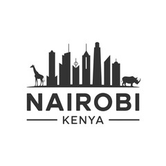 Fototapeta premium Nairobi Kenya skyline featuring wildlife silhouettes and bold typography