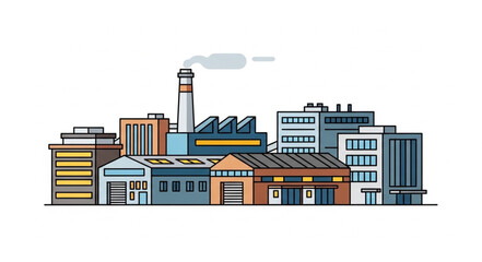 Obraz premium Industrial cityscape featuring factories, buildings, and smokestacks, representing urban development and manufacturing.