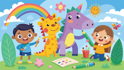 Fototapeta premium A diverse group of children joyfully interacting with various colorful animals in a vibrant outdoor settin children, friends, diverse, group, friendship, kindergarten