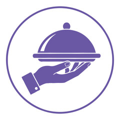 Fototapeta premium Purple icon of a hand holding a covered serving dish in a circle icon