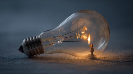 A small figurine stands inside a clear light bulb on a white background, symbolizing creativity and innovation in a minimalistic studio setting.