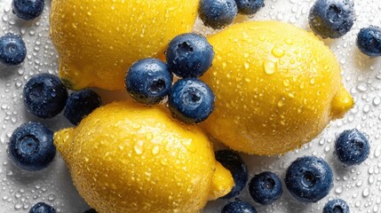 Three bright yellow lemons and scattered fresh blueberries rest on a clean white surface with soft natural lighting, highlighting vibrant colors and simple composition.