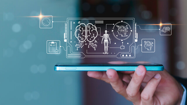 Artificial intelligence healthcare technology, digital diagnostics, machine learning, and smart medical innovation. AI agent brain interface analyzing medical data and human body scan on smartphone