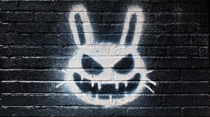 Colorful graffiti of a smiling rabbit face painted on a textured red brick wall, daylight urban street art with vibrant expression and detailed brushstrokes.