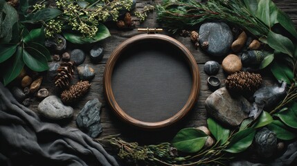 Close-up of a natural wooden frame surrounded by green plants and smooth gray rocks, showcasing organic textures and earthy tones in soft daylight.