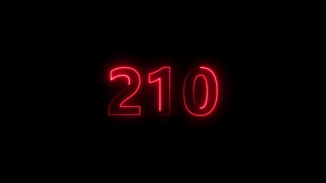 Neon number 210 glowing bright on black background 4k video..